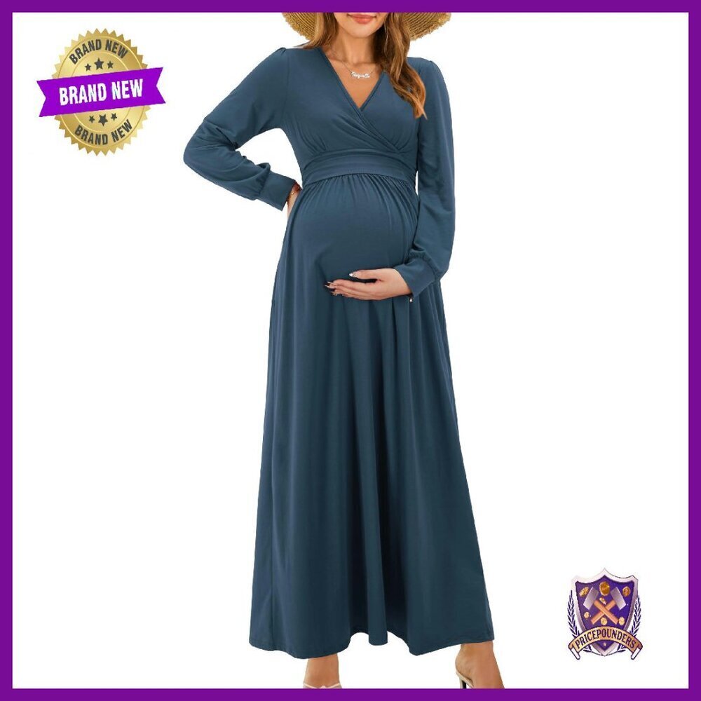 Long Sleeve Maxi Dress Wrap V Neck Side Pockets